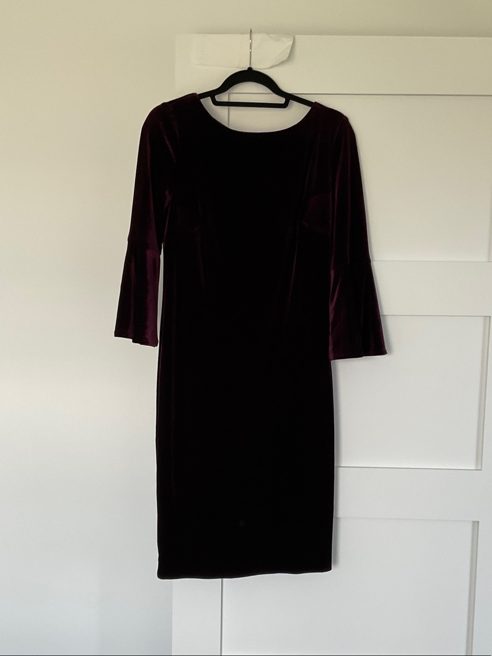 Calvin Klein Burgundy Velvet Midi Dress with Bell Sleeves